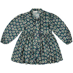 Zas Dress by Morley in dark teal-green with pleated texture and floral print.