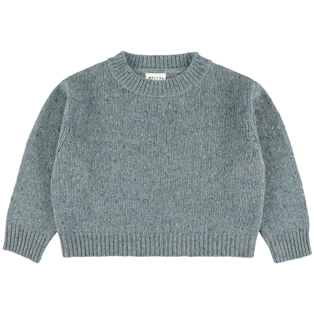 Zed Pullover by Morley in blue-gray speckled knit with ribbed trims.