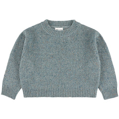 Zed Pullover by Morley in blue-gray speckled knit with ribbed trims.
