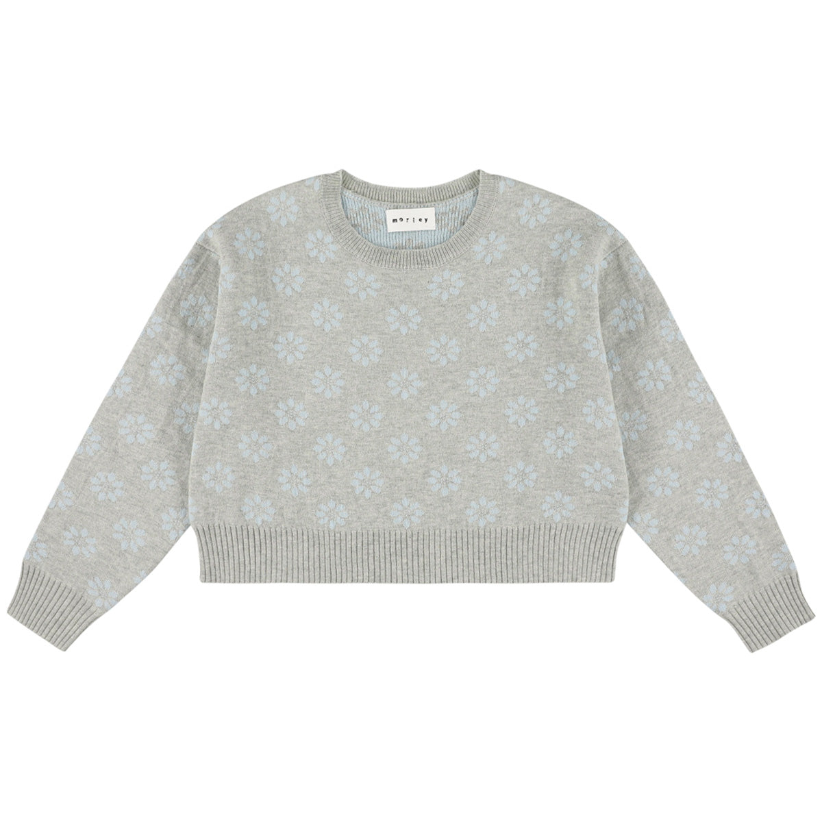 Zeist Cropped Pullover by Morley in gray knit with pale blue floral pattern and ribbed trims.