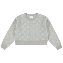 Zeist Cropped Pullover by Morley in gray knit with pale blue floral pattern and ribbed trims.