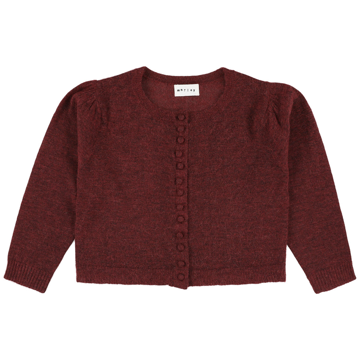 Zerah Cardigan by Morley in burgundy knit with gathered shoulders and ribbed cuffs and hem.