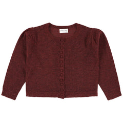 Zerah Cardigan by Morley in burgundy knit with gathered shoulders and ribbed cuffs and hem.