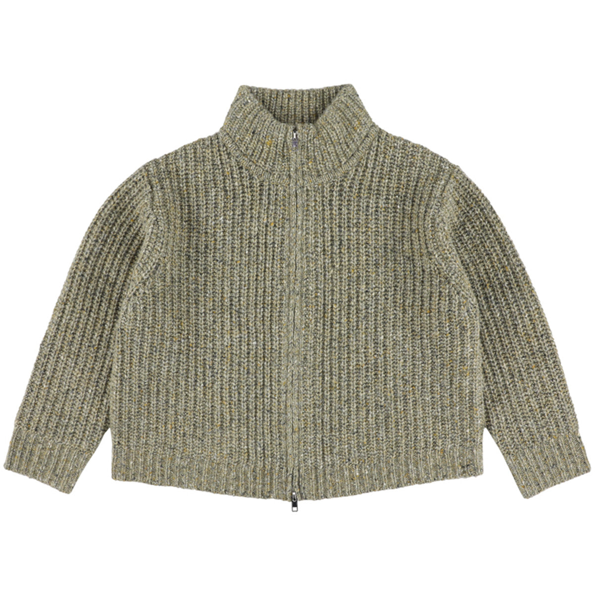Ziela Pullover by Morley in ribbed knit with zip-up front and mock neck collar.