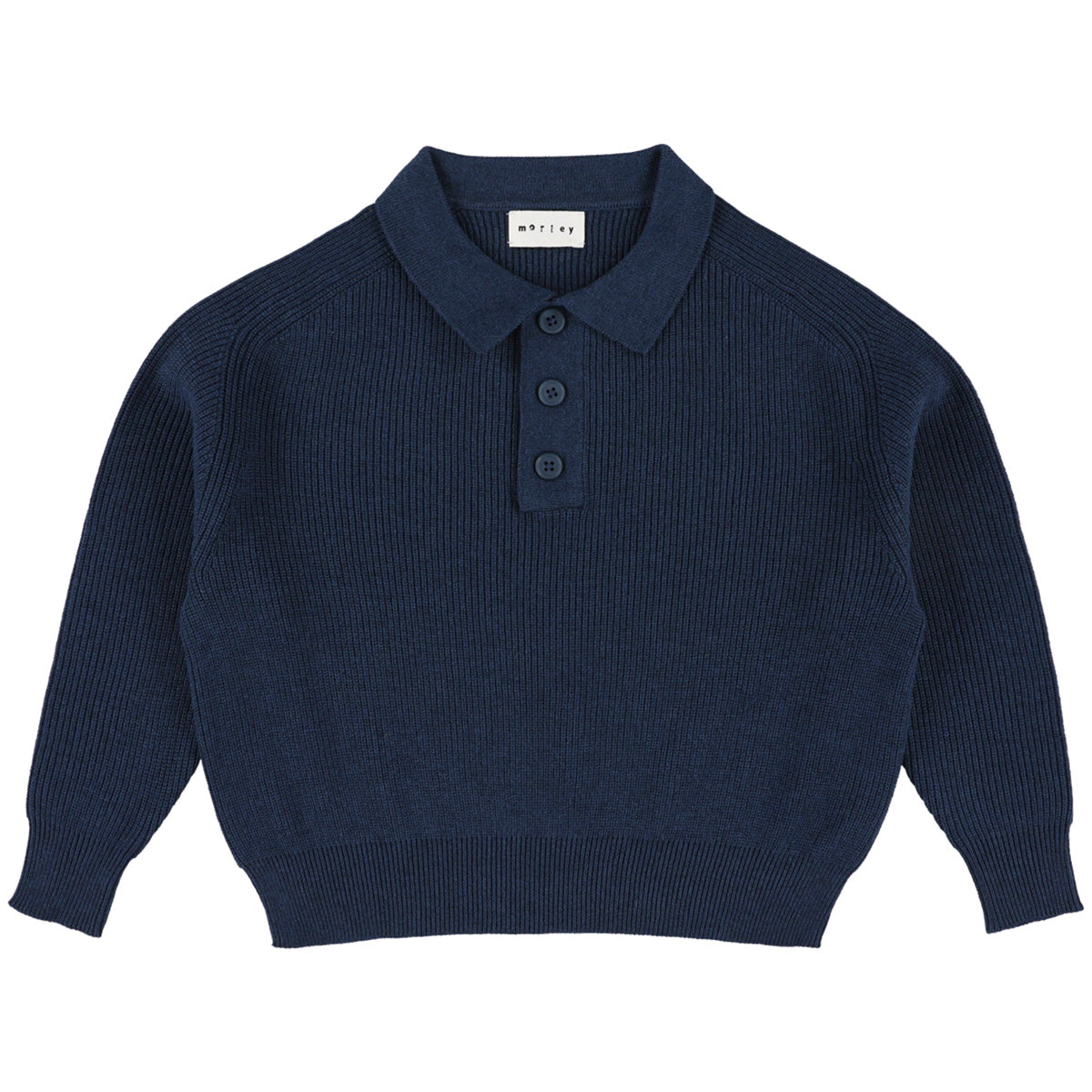 The Zietse Polo from Morley featuring a ribbed knit texture, button placket, collar, and long sleeves.