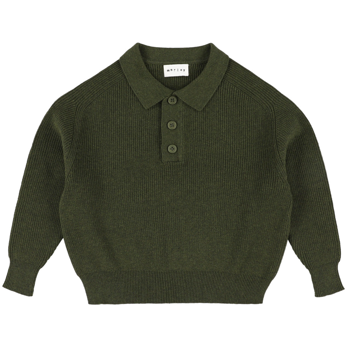 The Zietse Polo from Morley featuring a ribbed knit texture, button placket, collar, and long sleeves.