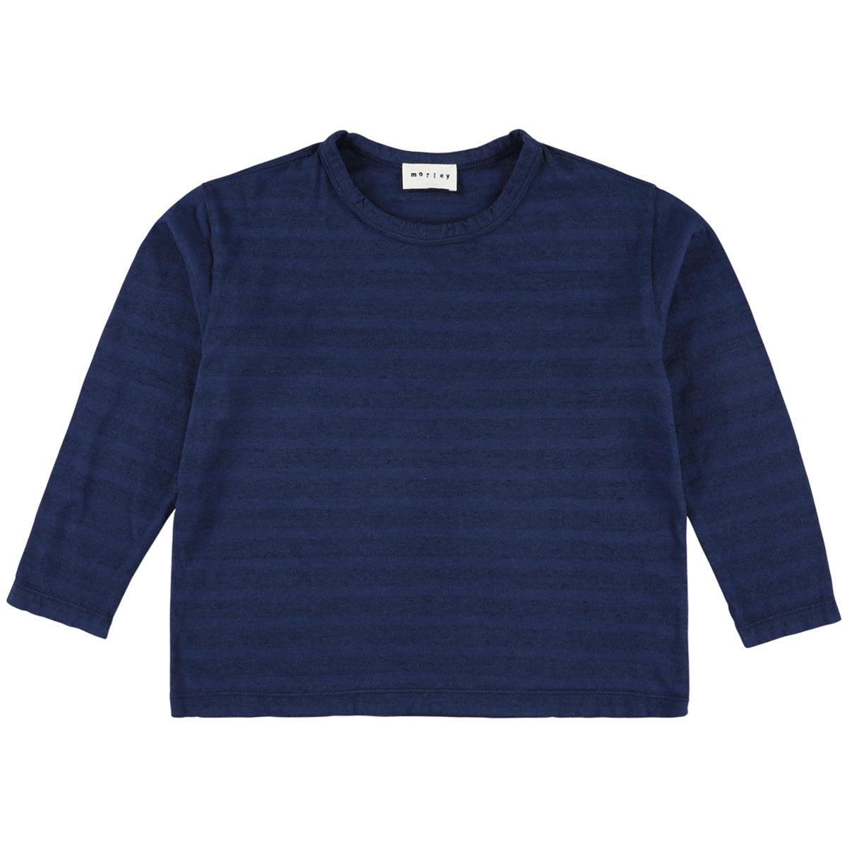The Zodiac Tee from Morley in dark ink blue featuring long sleeves and subtle tonal horizontal stripes.