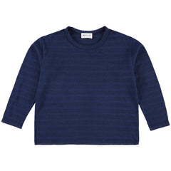 The Zodiac Tee from Morley in dark ink blue featuring long sleeves and subtle tonal horizontal stripes.