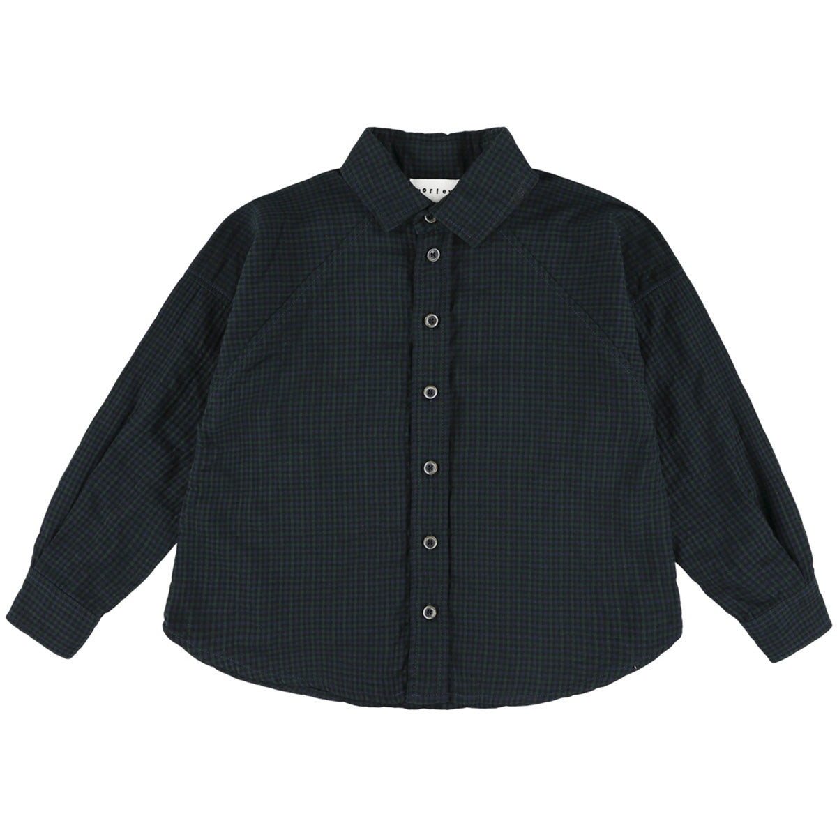 The Zynob Shirt from Morley in dark green and black check with a button-up front.