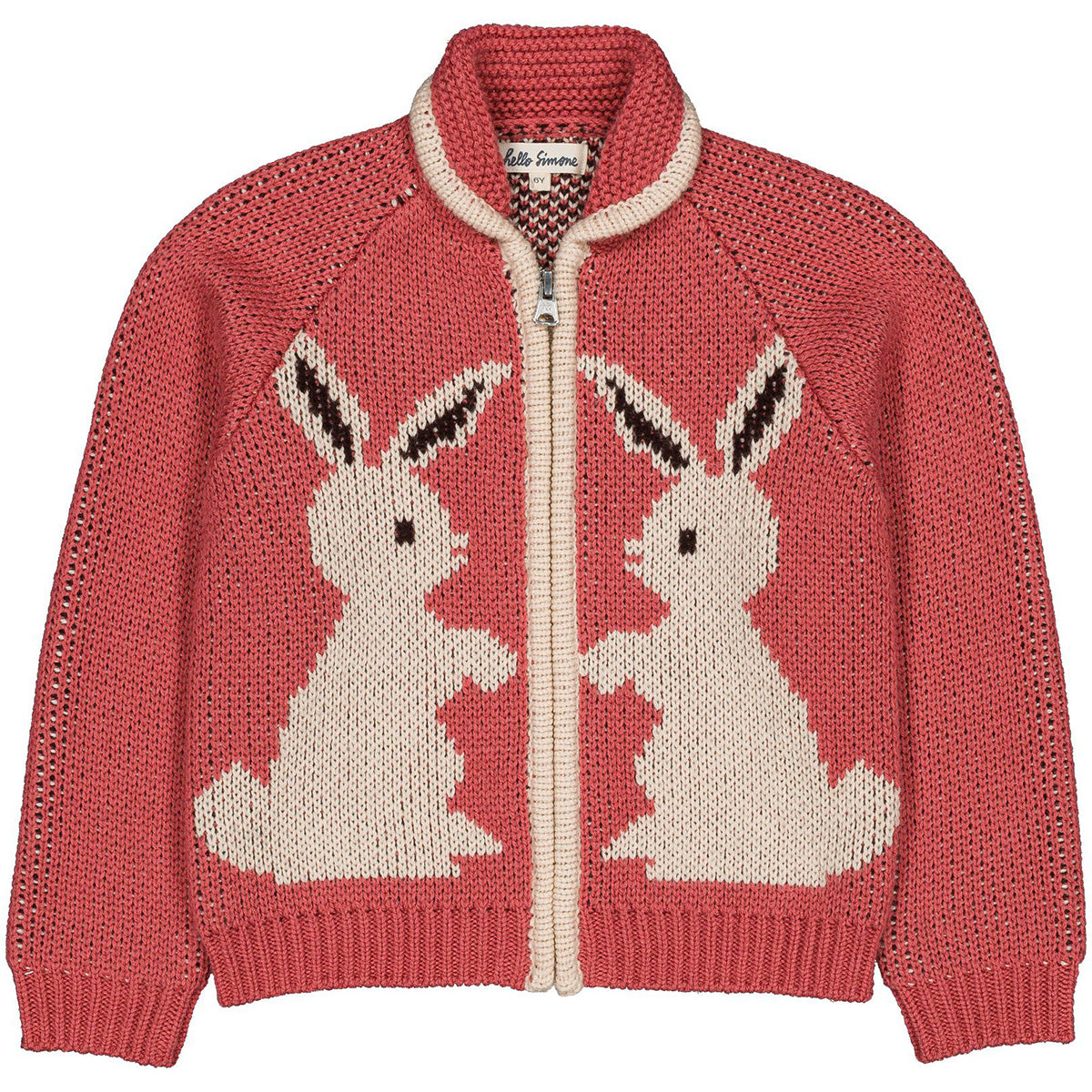 Ziply Cardigan by Hello Simone with rabbit jacquard, raglan sleeves and contrasting rib trim.