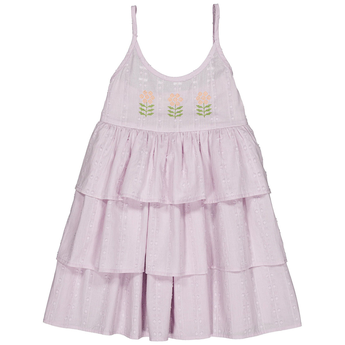 Hello Simone Zora Dress, lavender with embroidered flowers, thin straps and tiered ruffle skirt.