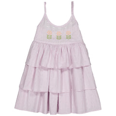 Hello Simone Zora Dress, lavender with embroidered flowers, thin straps and tiered ruffle skirt.