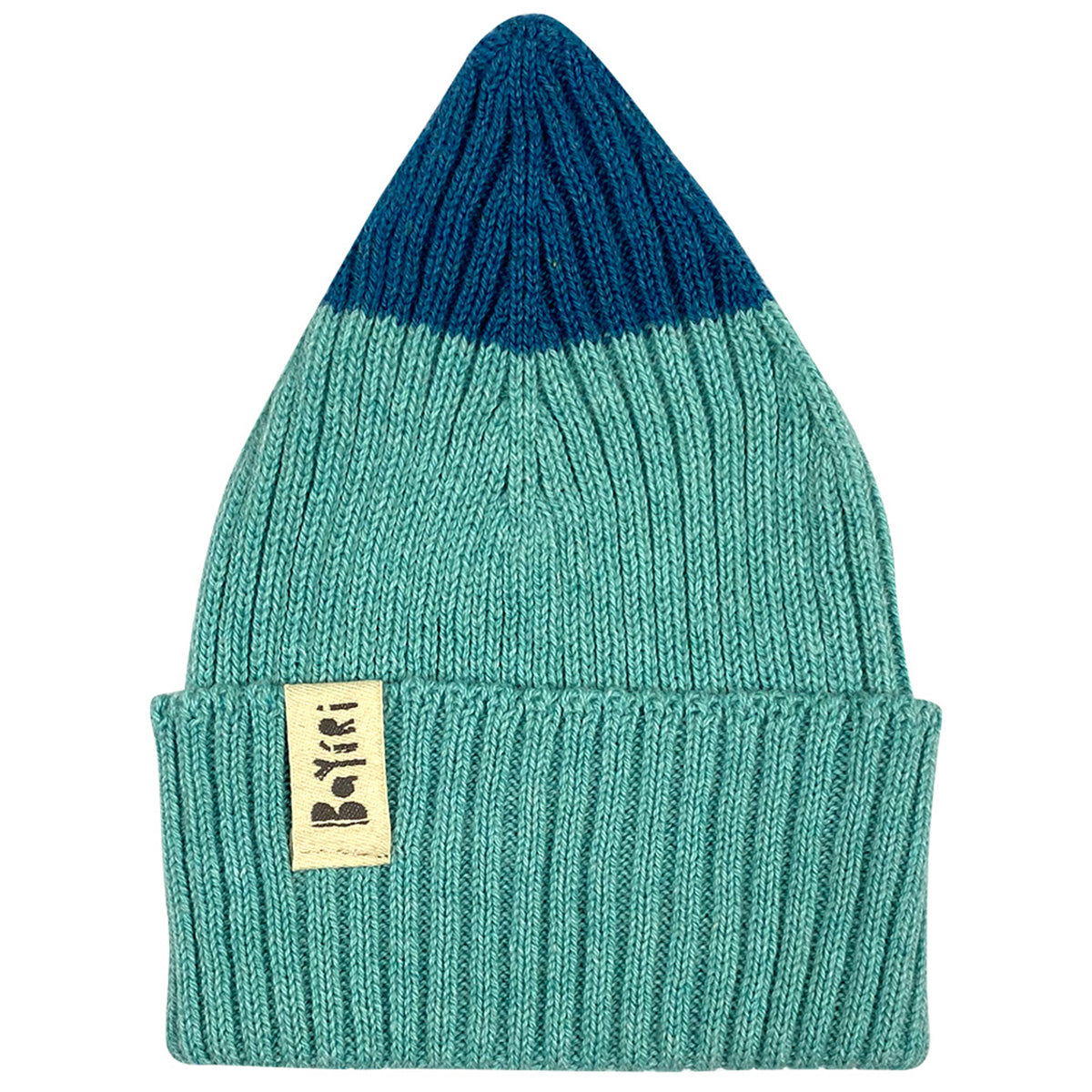 The Sierra Nevada Beanie from Bayiri. Two-tone teal and blue beanie with a brand label on a white background.