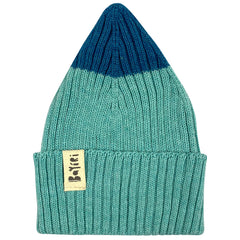 The Sierra Nevada Beanie from Bayiri. Two-tone teal and blue beanie with a brand label on a white background.