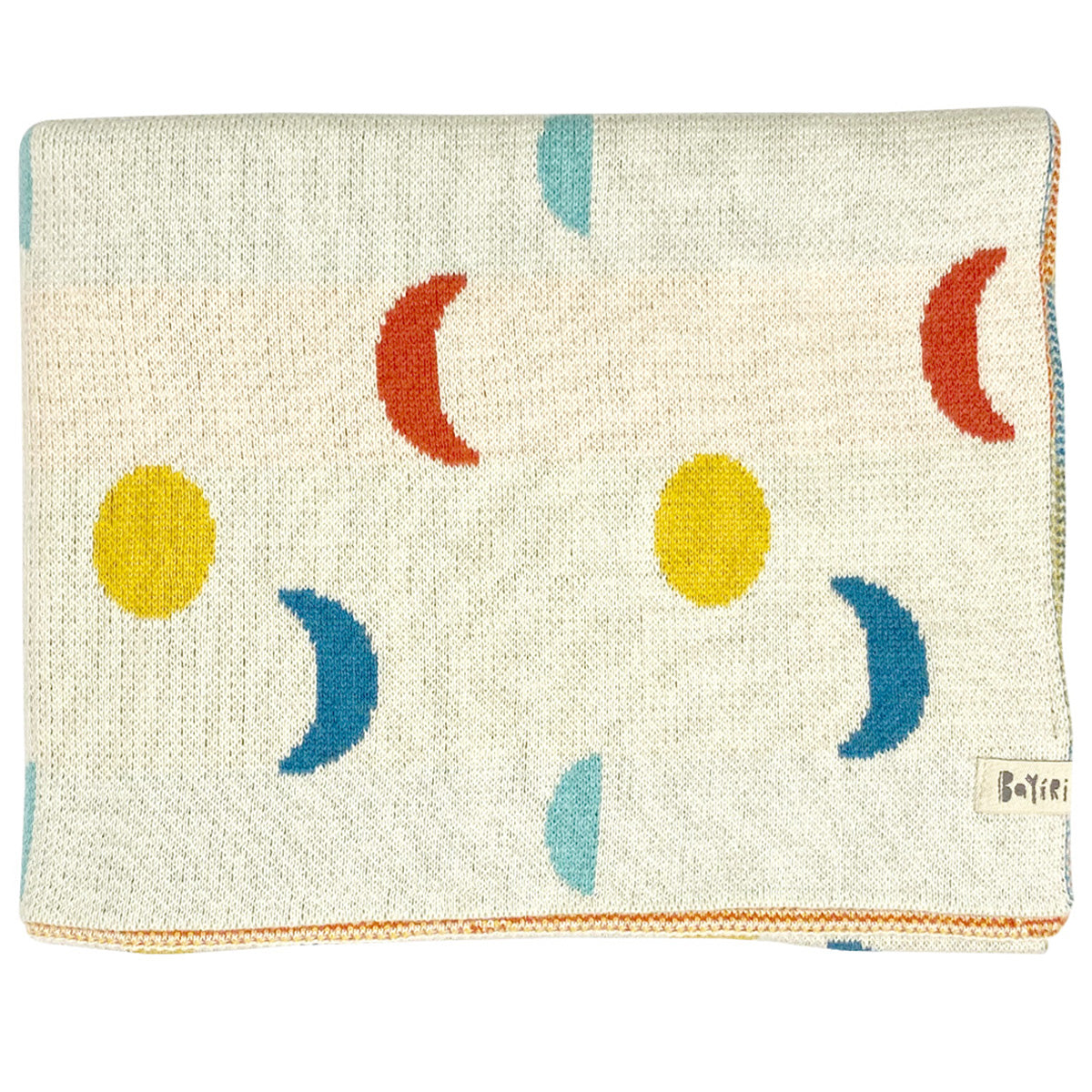 Moon Phases Blanket by Bayiri. This is a knitted baby blanket decorated with colorful moon and circle motifs.