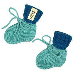 The Starfish Booties from Bayiri. Knitted baby booties in aqua green with adjustable tie laces.