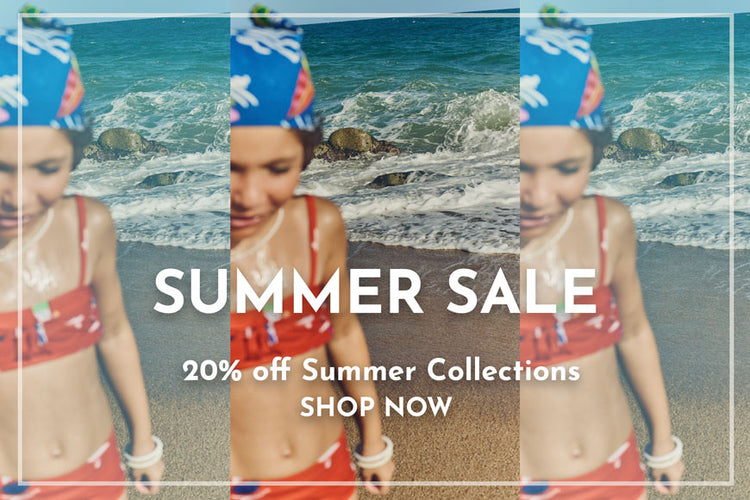Girl in red bikini and blue headscarf by designer Maison Mangostan - Summer Sale, 20% off Summer Collections - Shop Now