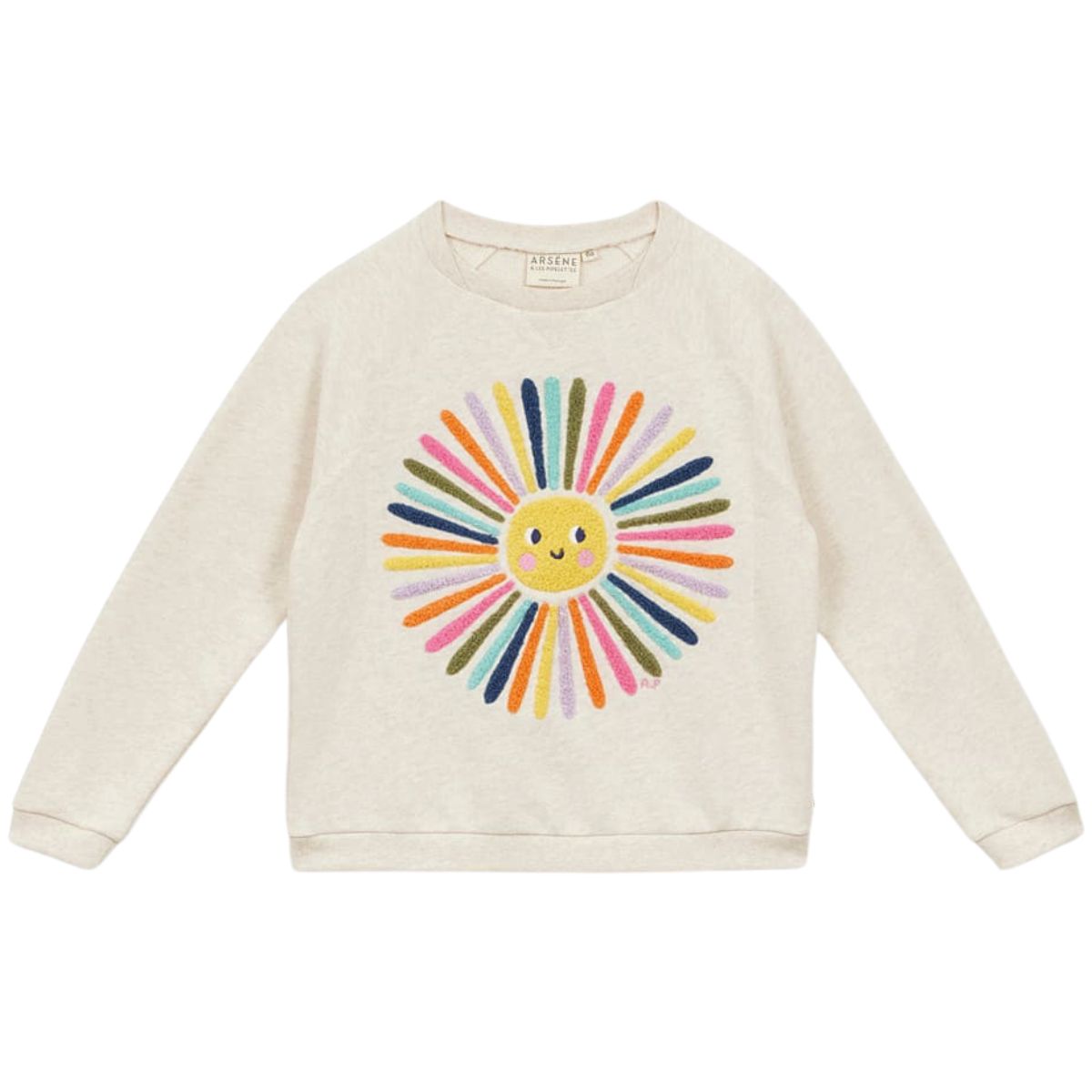 Arsene et Les Pipelettes Flower Curled Sweatshirt, cream sweatshirt with multicolor sun motif and long sleeves.