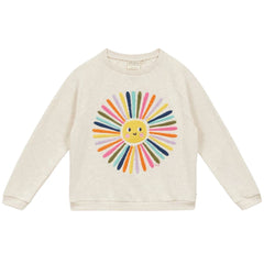 Arsene et Les Pipelettes Flower Curled Sweatshirt, cream sweatshirt with multicolor sun motif and long sleeves.