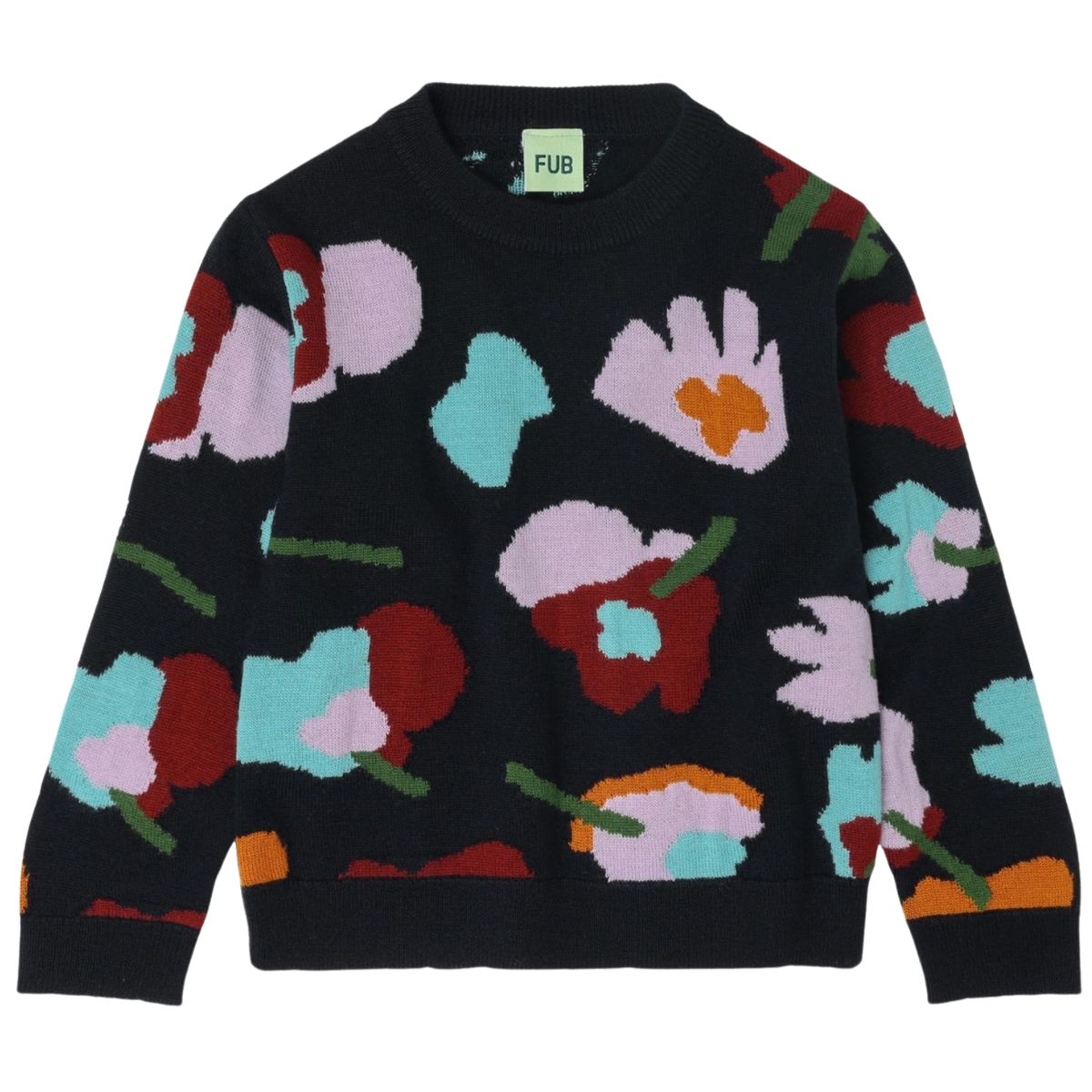 The Jaquard Sweater from FUB. A knitted sweater with a bold floral jacquard pattern.
