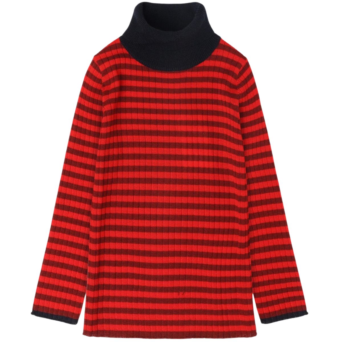 The Rollneck Blouse from FUB features horizontal stripes in cranberry and signal red, finished with a contrasting dark high collar.