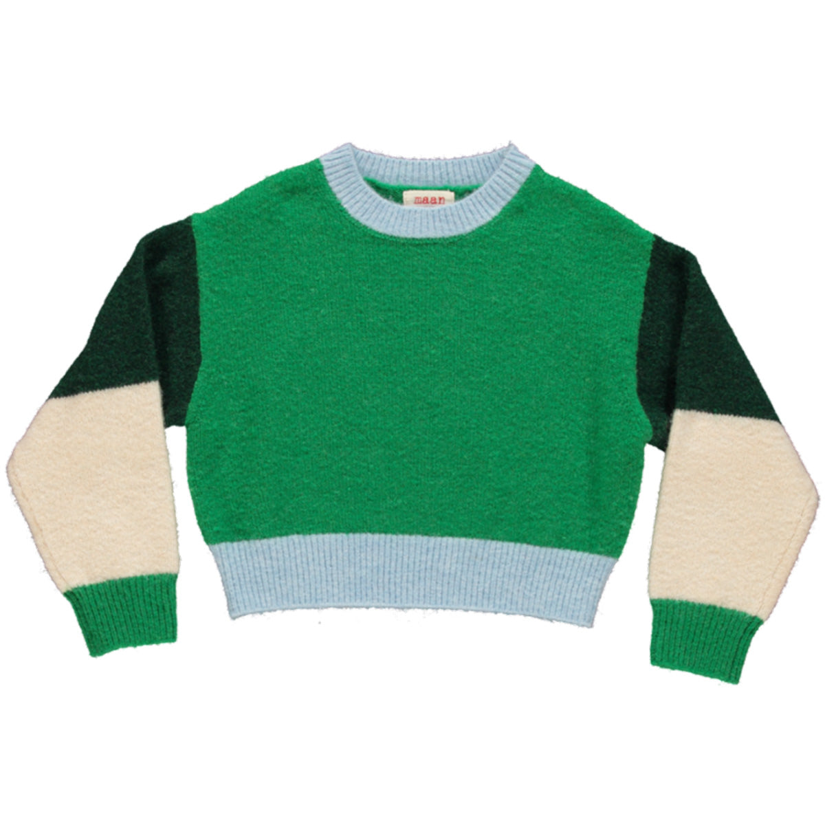 Galla Knitted Sweater by Maan. A color-blocked sweater with a green body, light blue trim, and sleeves in navy and cream.