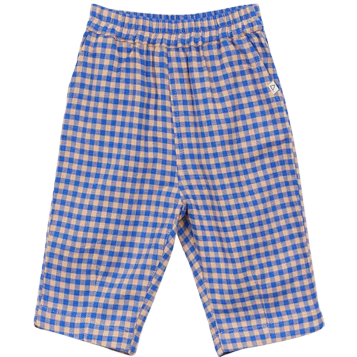 The Gingham Baby Pants from Arsene et Les Pipelettes in blue and beige checked woven cotton with an elastic waistband.