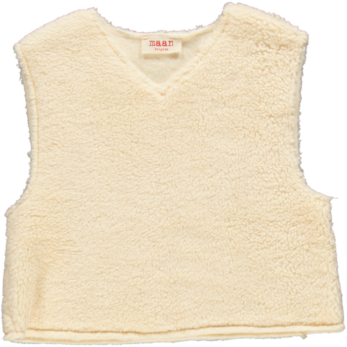 The Harry Top from Maan. A soft, sherpa-style sleeveless vest in cream, perfect for layering and adding warmth.