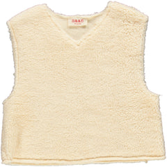 The Harry Top from Maan. A soft, sherpa-style sleeveless vest in cream, perfect for layering and adding warmth.