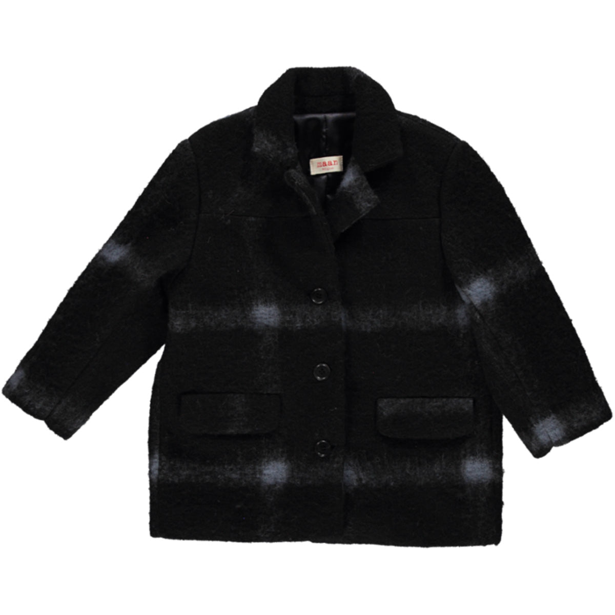 The Hazel Coat from Maan. A stylish coat with a navy and grey plaid pattern, featuring a classic collar, front buttons.