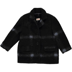The Hazel Coat from Maan. A stylish coat with a navy and grey plaid pattern, featuring a classic collar, front buttons.