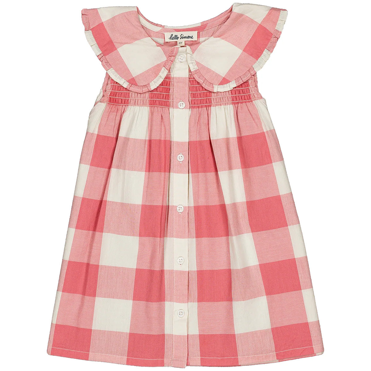 Hello Simone Line Blouse, pink and white check, ruffled collar, smocked chest and front buttons.