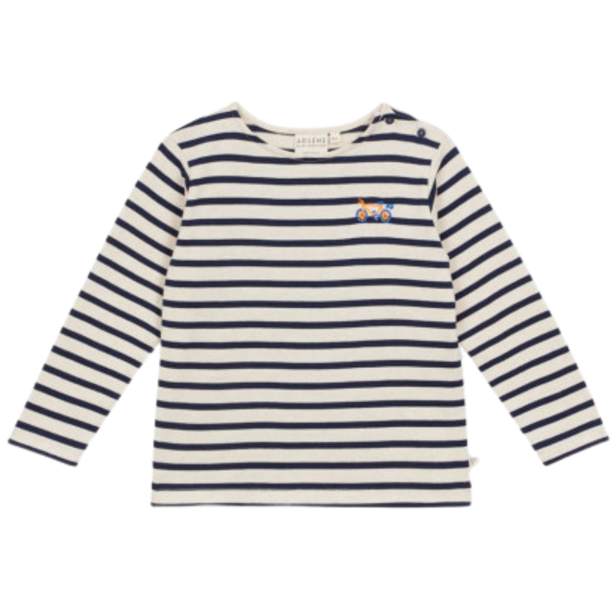 Sherpa Sleeve-free Coverall by Arsene et Les Pipelettes in navy sherpa fleece with striped pocket.