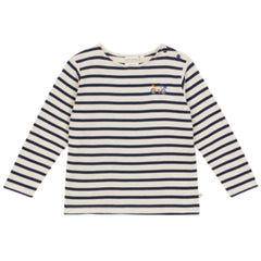 Sherpa Sleeve-free Coverall by Arsene et Les Pipelettes in navy sherpa fleece with striped pocket.