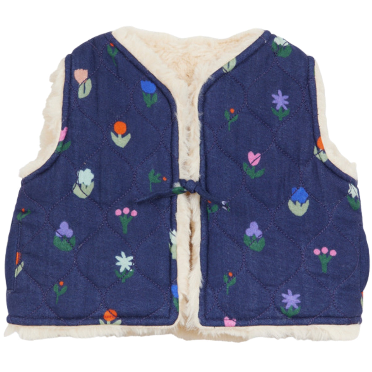 The Reversible Flower Baby Vest from Arsene et Les Pipelettes in navy with a colorful floral print and fleece trim.