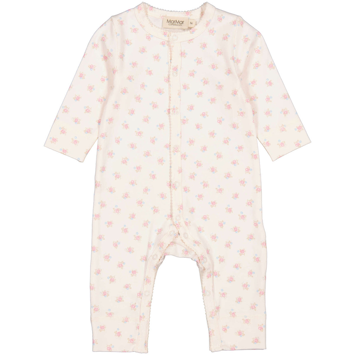 The Rukana Jumpsuit from MarMar Copenhagen. A soft, long-sleeved baby onesie with a little bouquet pattern.