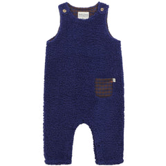 Sherpa Sleeve-free Coverall by Arsene et Les Pipelettes in navy sherpa fleece with striped pocket.