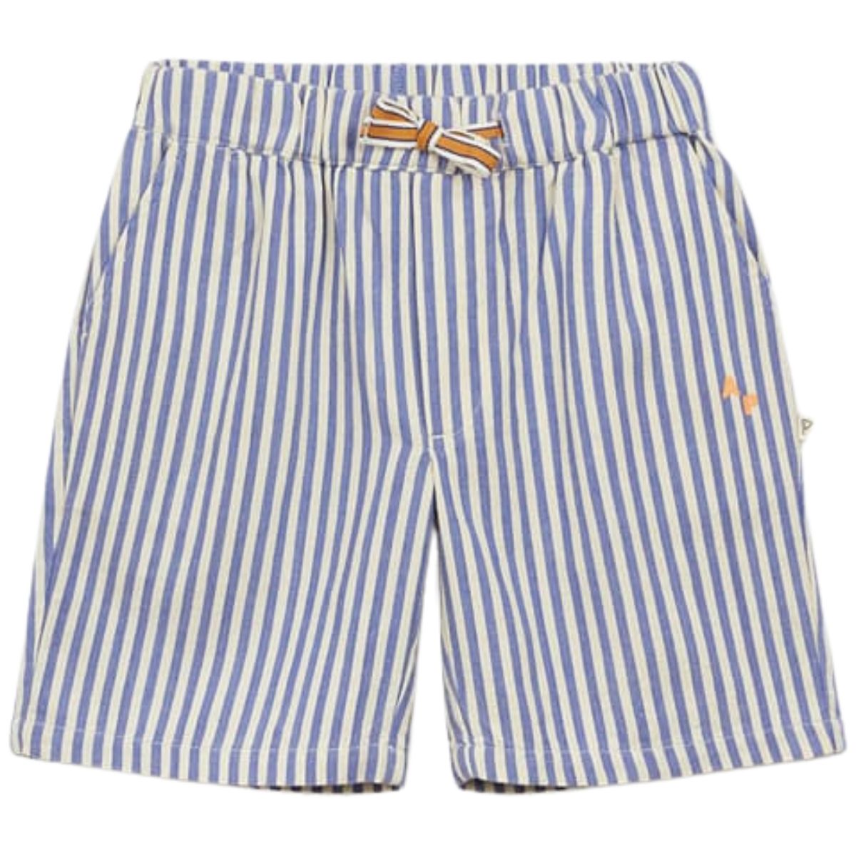 Arsène et Les Pipelettes Striped Bermuda Shorts in blue and cream stripes with elastic waist and drawstring.