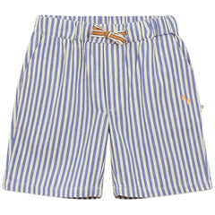 Arsène et Les Pipelettes Striped Bermuda Shorts in blue and cream stripes with elastic waist and drawstring.