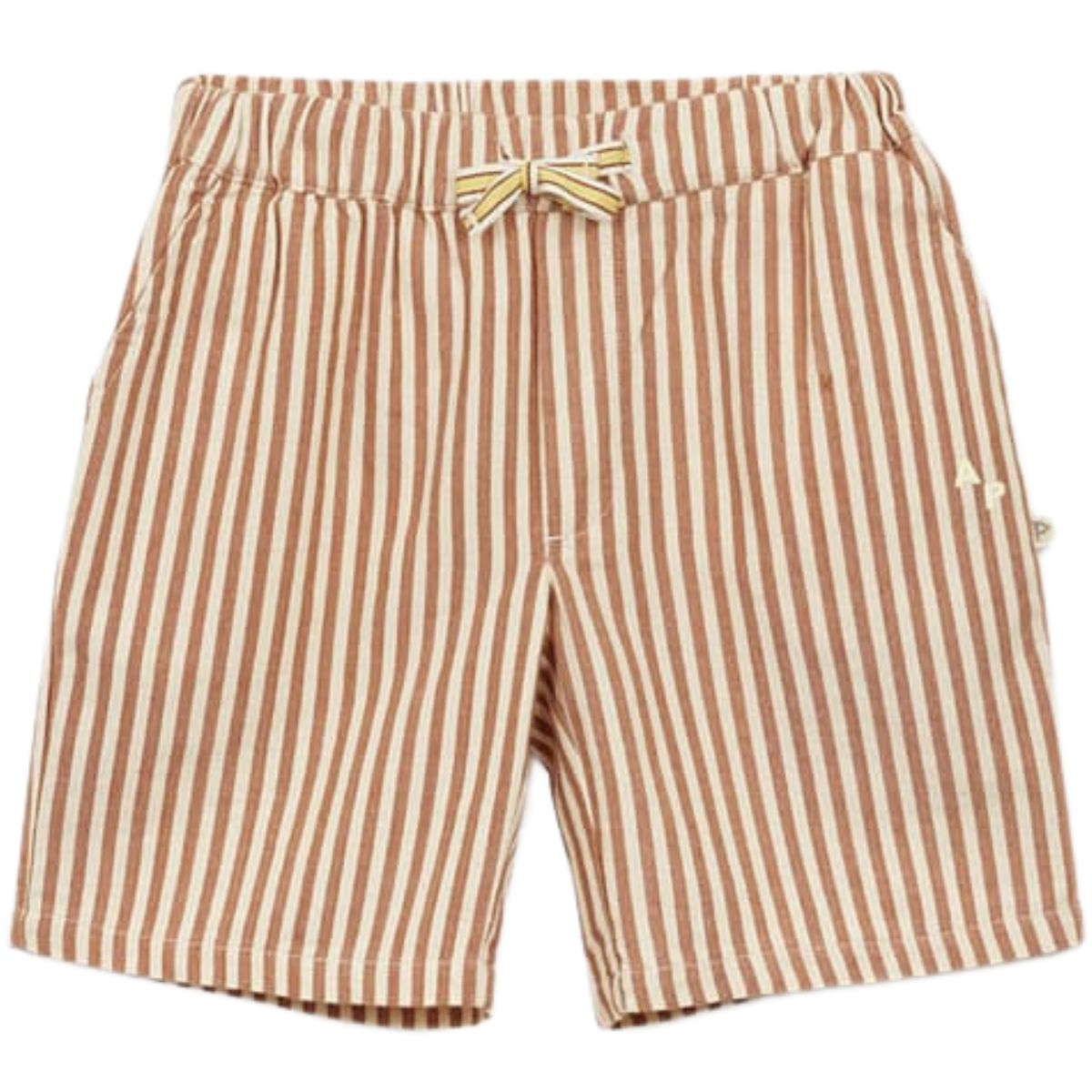 Arsène et Les Pipelettes Striped Bermuda Shorts in brown and cream stripes with elastic waist and drawstring.