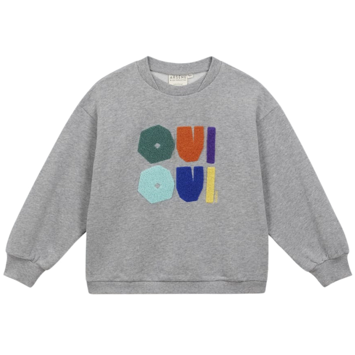 Oui Oui Sweatshirt by Arsene et Les Pipelettes in gray with colorful OUI OUI front graphic.