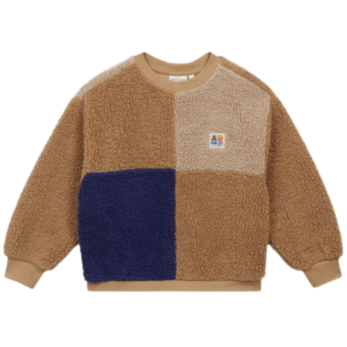 The Sherpa Patch Sweatshirt from Arsene et Les Pipelettes in color-blocked brown, beige, and navy sherpa fleece.