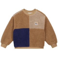 The Sherpa Patch Sweatshirt from Arsene et Les Pipelettes in color-blocked brown, beige, and navy sherpa fleece.