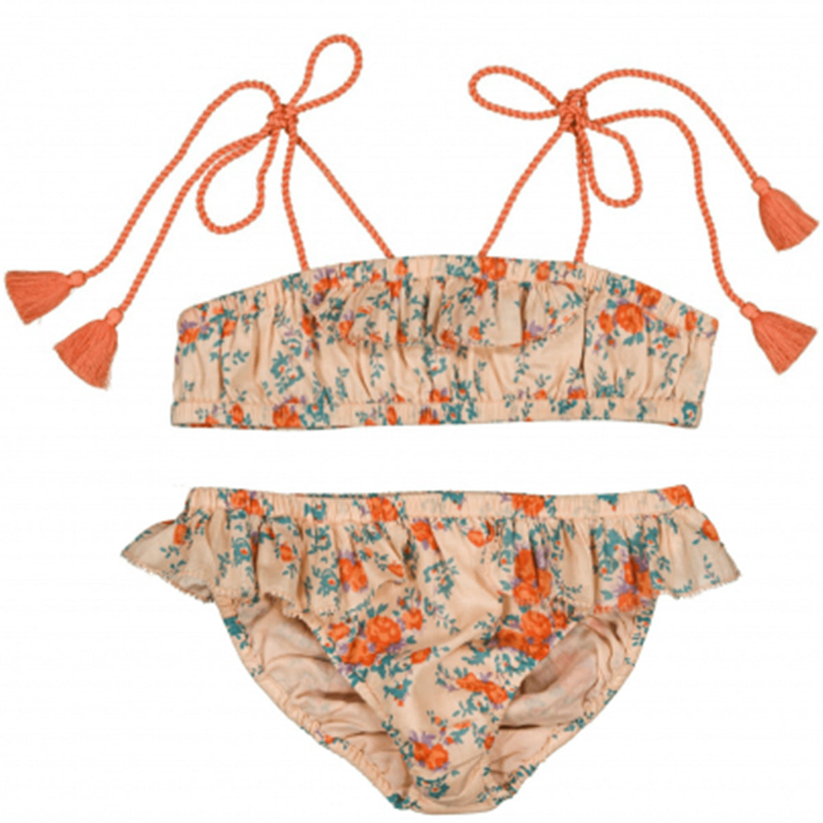 The Vague Cotton Bouquet Swimsuit from Louis Louise with floral print, ruffle bikini bottoms, and tassel ties.