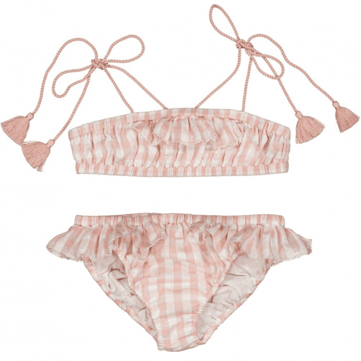 Louis Louise Vague Cotton Vichy Swimsuit in pink gingham with ruffles, tassel ties and bikini set.