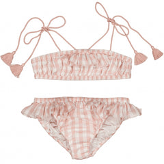 Louis Louise Vague Cotton Vichy Swimsuit in pink gingham with ruffles, tassel ties and bikini set.
