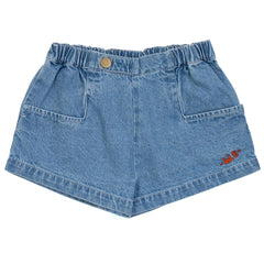 The Kons Denim Short from Wynken. Relaxed fit elasticated waist short, Button tab detail and square pockets at front.